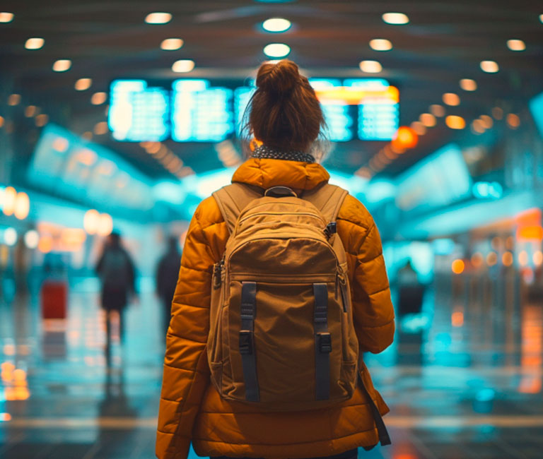 una estudiante extranjera de espaldas con una mochila en un aeropuerto